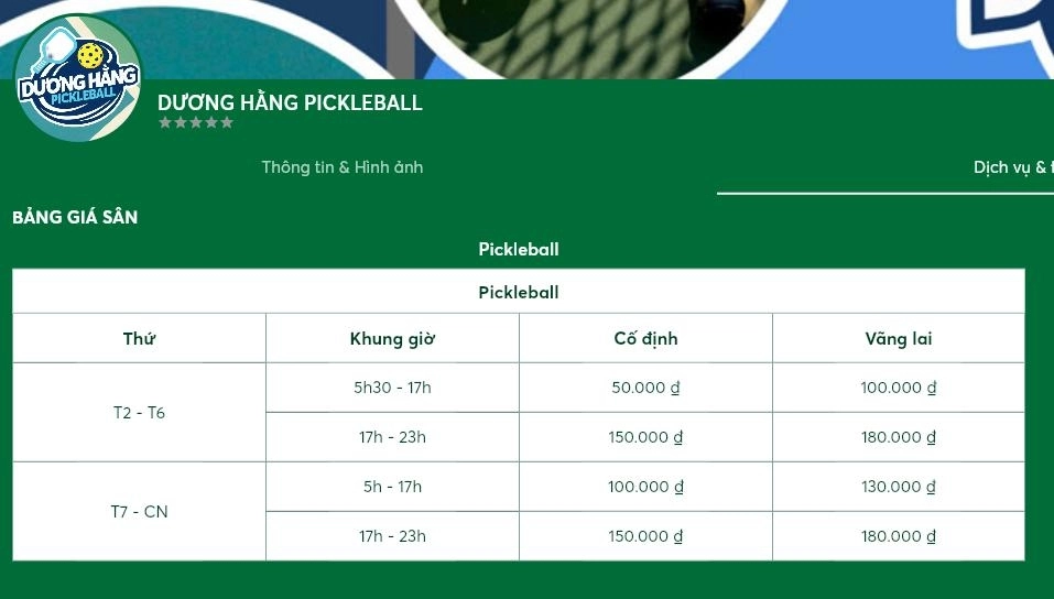 Bảng giá thuê sân dương hằng pickleball cập nhật mới nhất