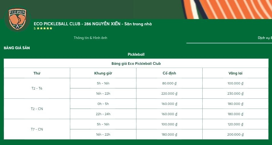 Cập nhật bảng giá thuê sân eco pickleball club