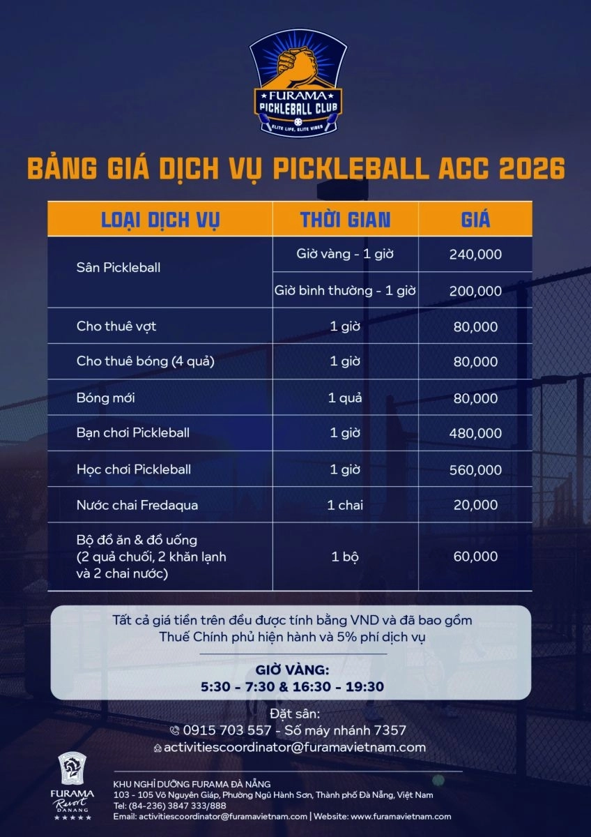 Bảng giá dịch vụ Furama Pickleball