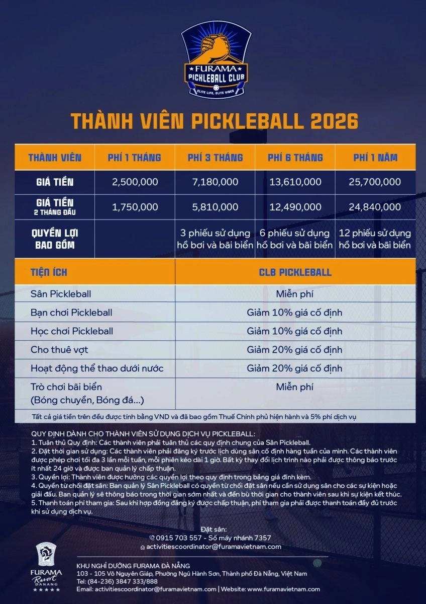 Bảng giá thành viên Furama Pickleball