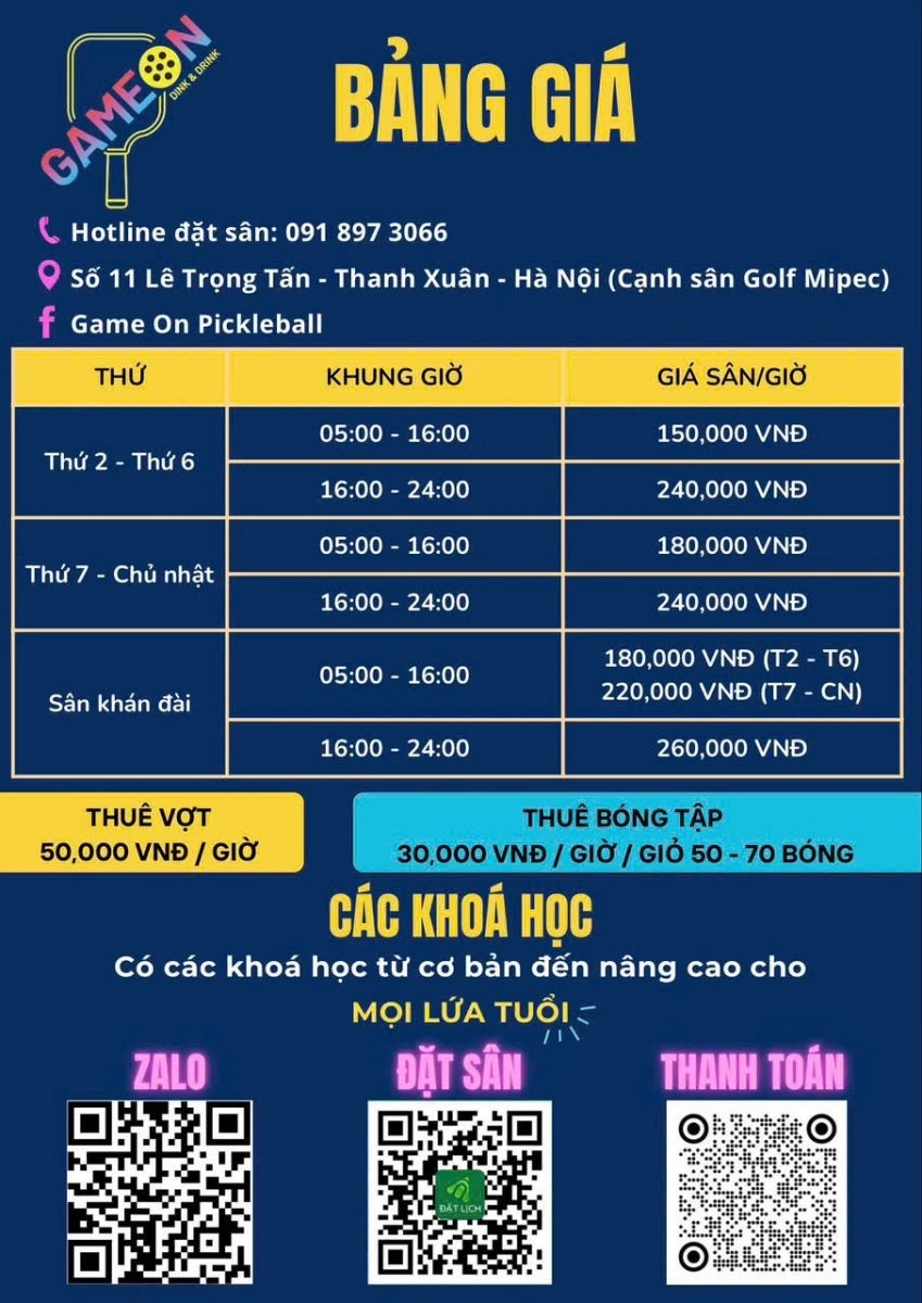 Bảng giá sân game on pickleball lê trọng tấn