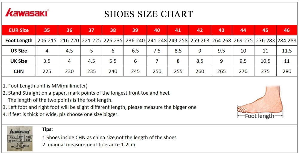 Bảng size cầu lông Kawasaki