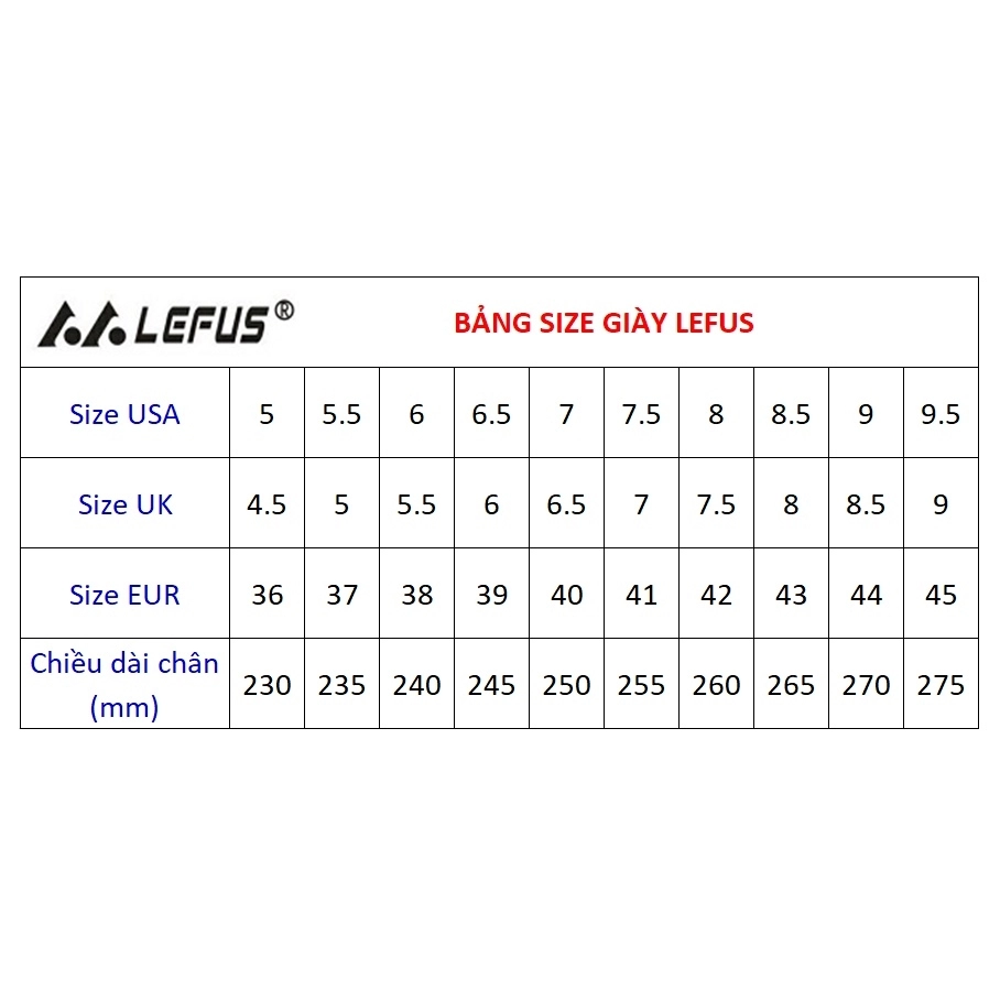 Bảng size giày cầu lông Lefus