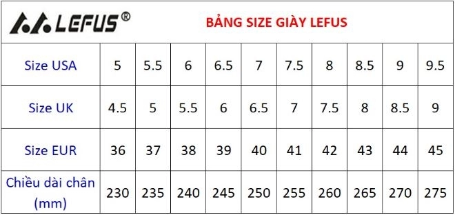 Bảng size giày cầu lông Lefus