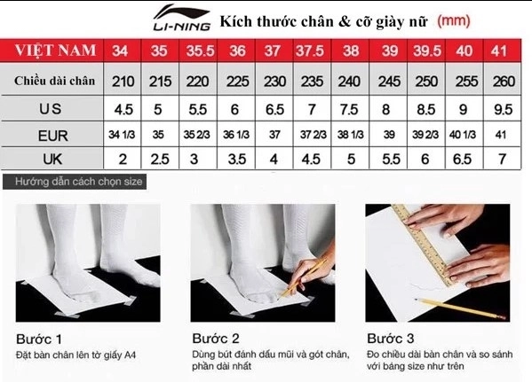 Bảng size của Giày Cầu Lông Lining