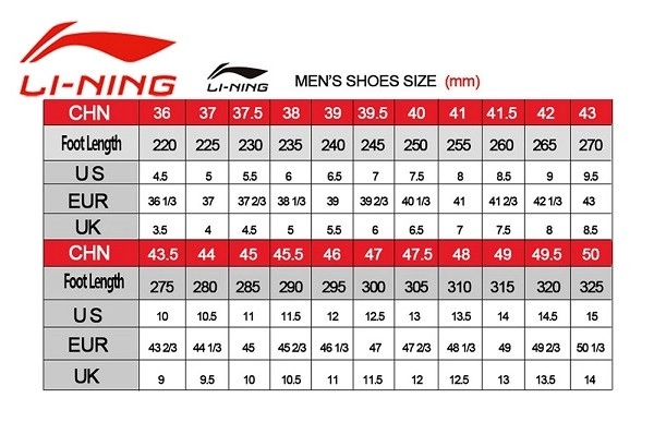 Bảng size Giày Cầu Lông Lining AYTU001-7 Chính Hãng