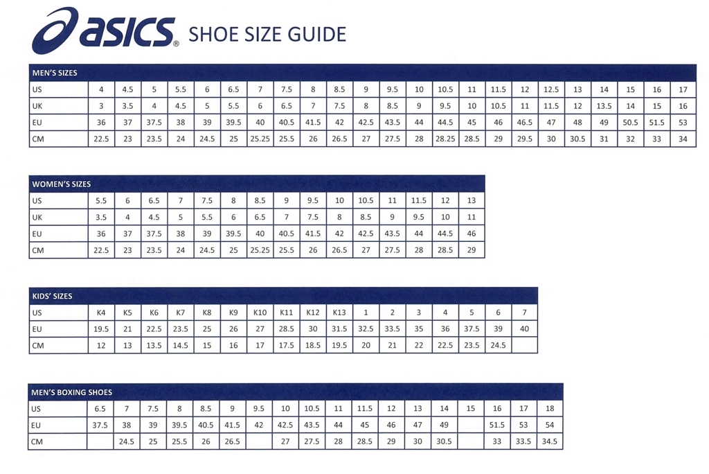 Bảng size giày pickleball Asics
