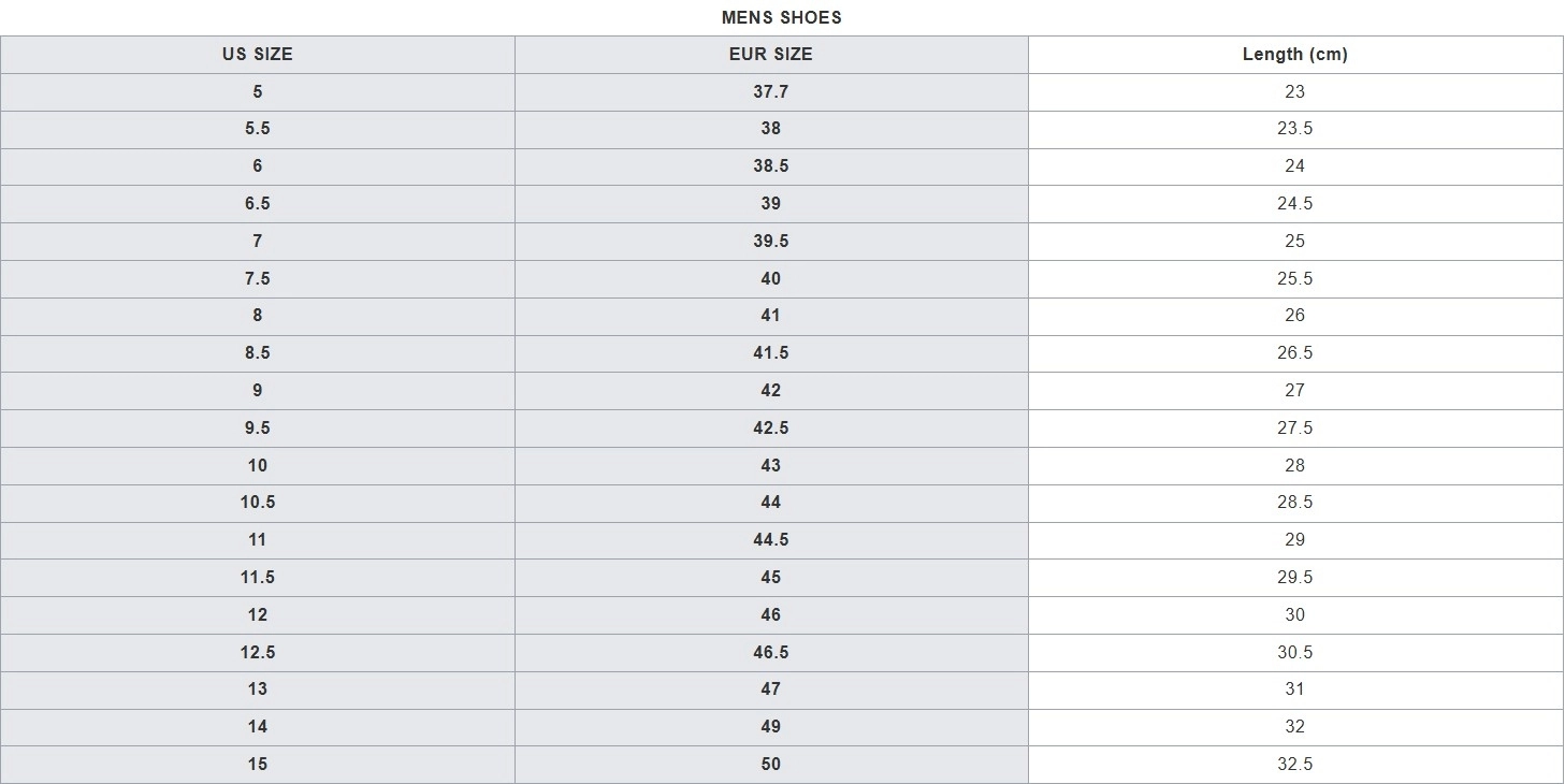 Bảng size giày Pickleball K-swiss dành cho nam