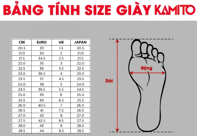 Bảng size giày Kamito