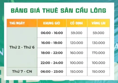 Bảng giá sân cầu lông