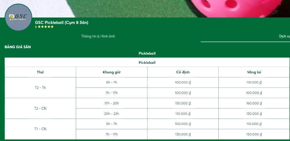 Giá thuê sân GSC Pickleball