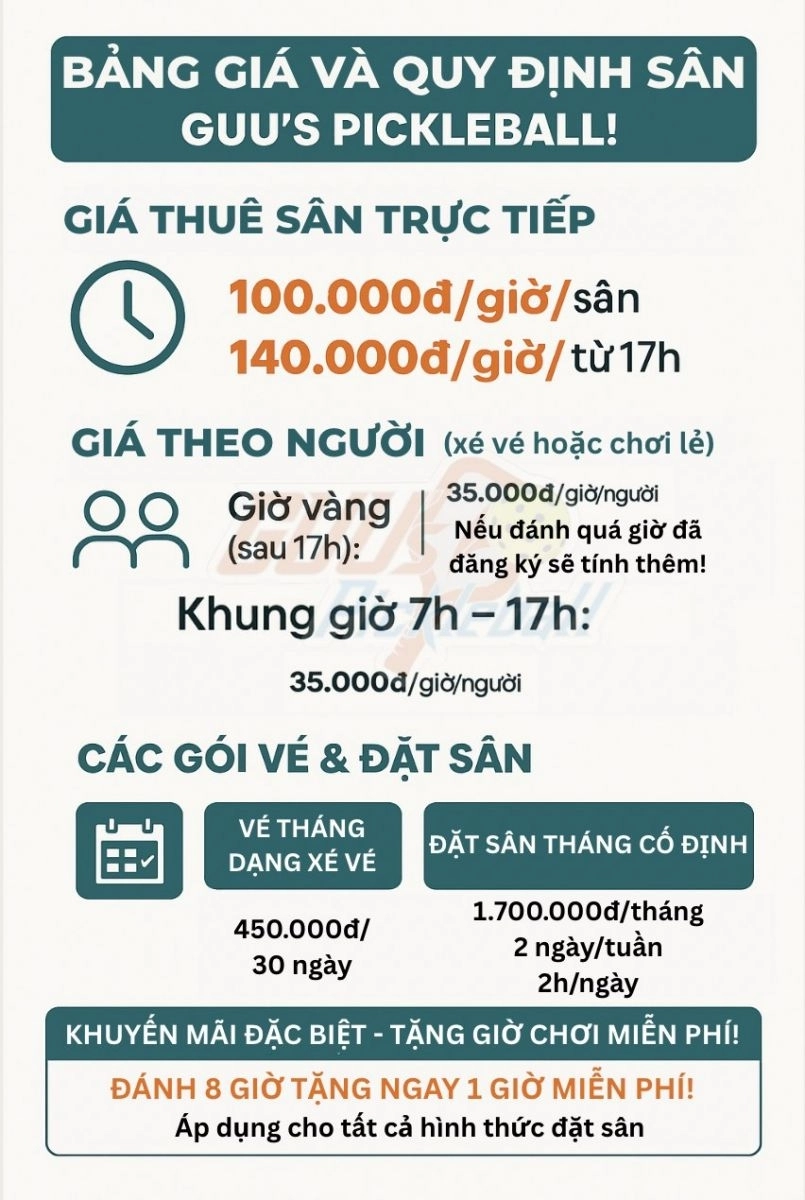 Giá thuê sân Guu’s Pickleball Quảng Nam