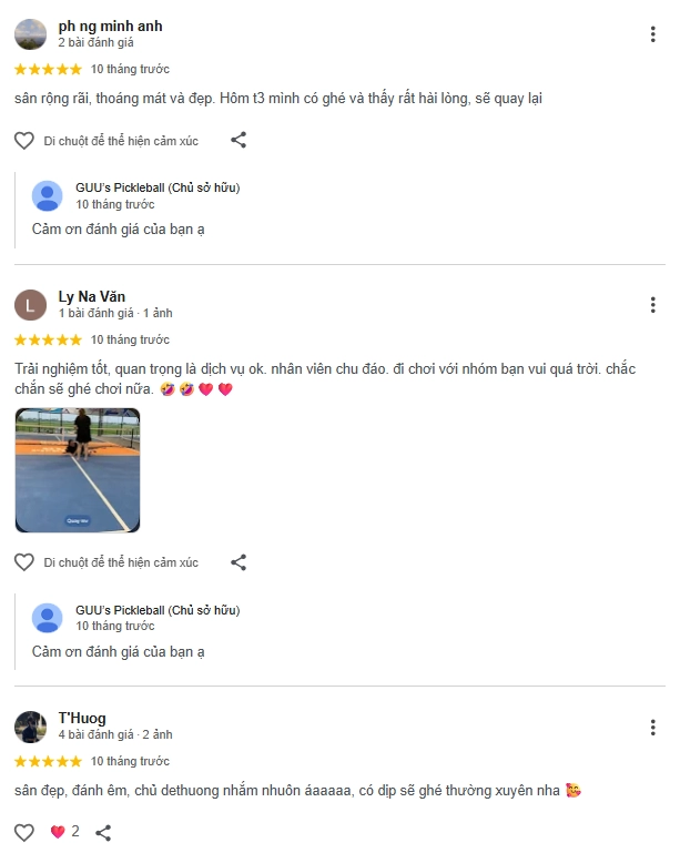 Đánh giá của người chơi tại sân Guu’s Pickleball Quảng Nam