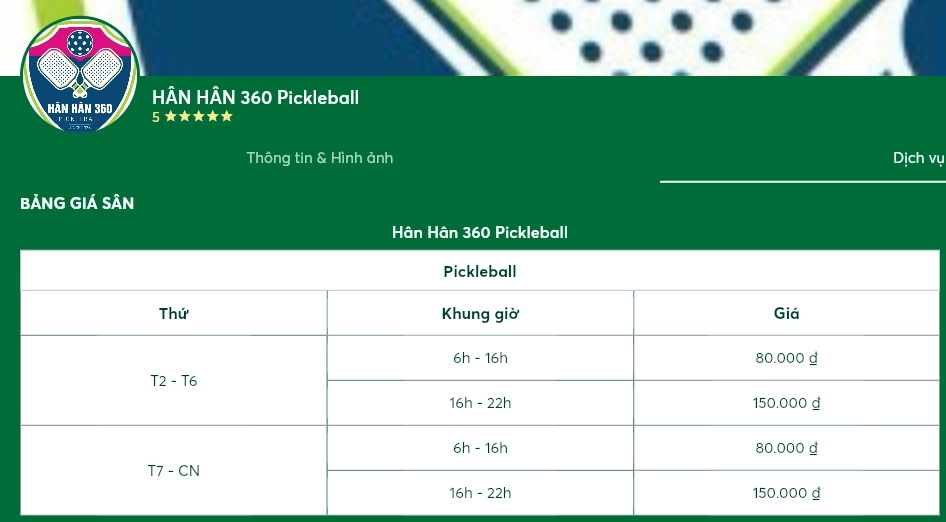 Giá thuê sân Hân Hân 360 Pickleball