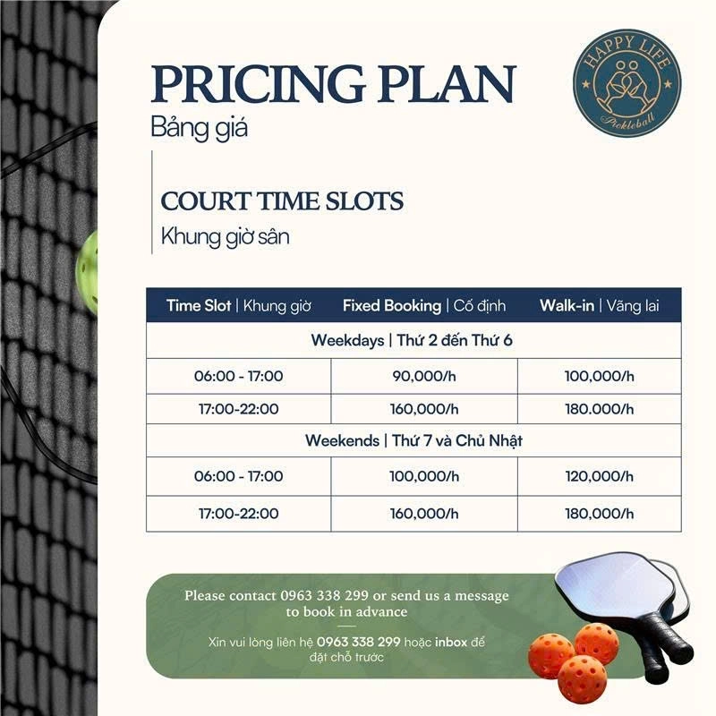 Bảng giá thuê sân Happy Life Pickleball