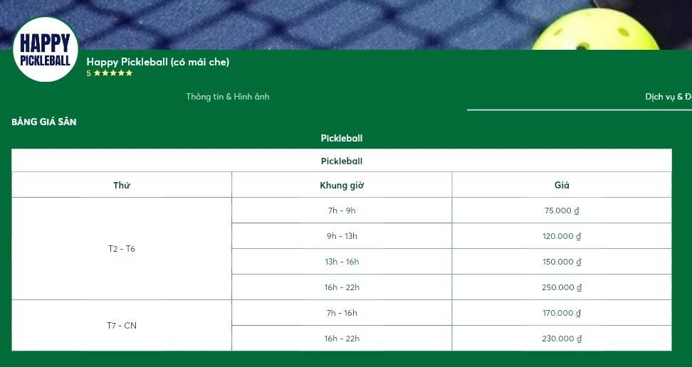 Cập nhật bảng giá thuê sân Happy Pickleball