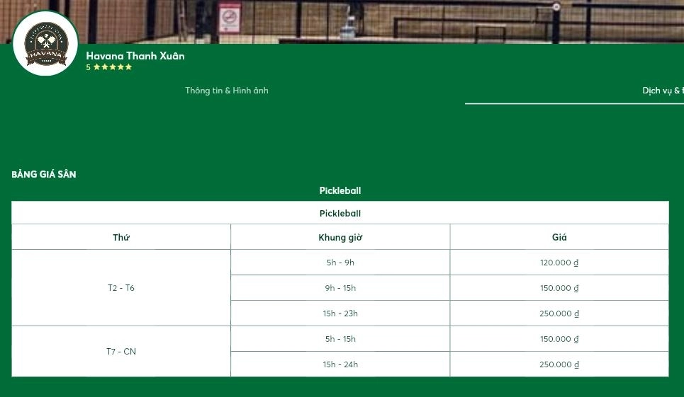 Bảng giá thuê sân Havana Pickleball