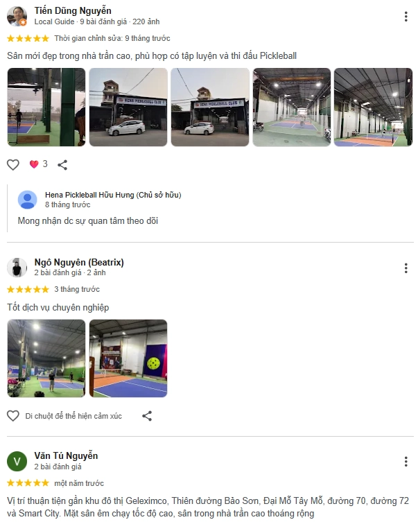 Đánh giá của người chơi tại sân Hena Pickleball