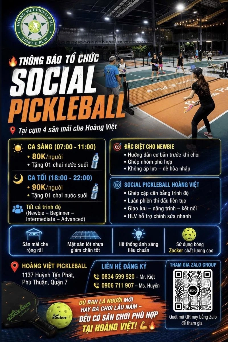 Bảng giá social tại sân Hoàng Kiệt Pickleball
