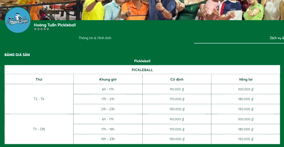 Bảng giá thuê sân Hoàng Tuấn Pickleball
