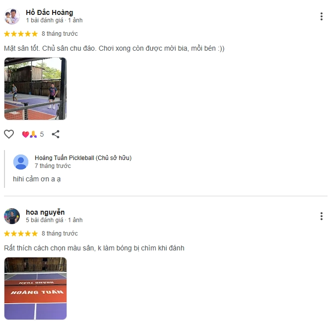 Đánh giá của người chơi tại sân Hoàng Tuấn Pickleball