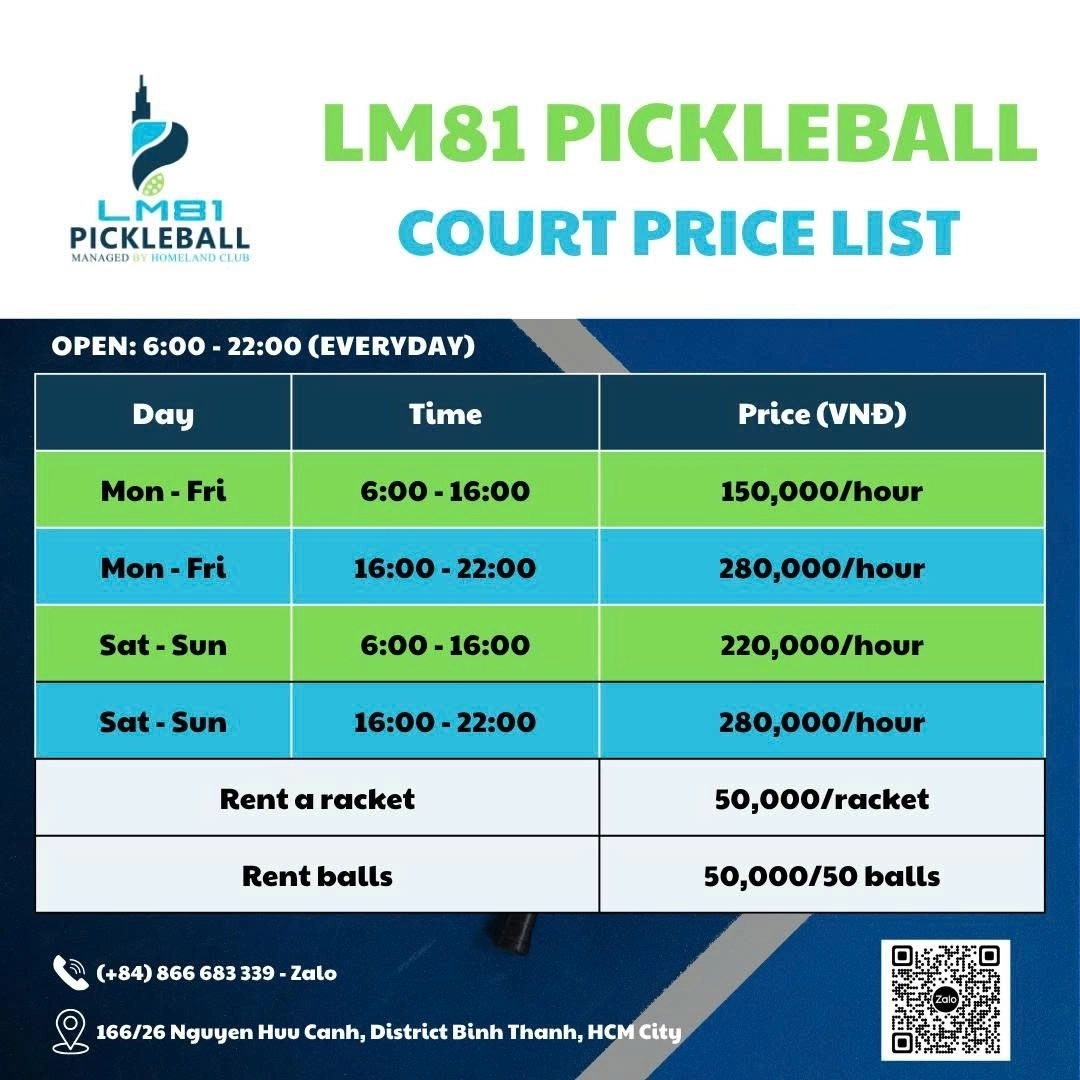 Giá thuê sân Homeland Pickleball