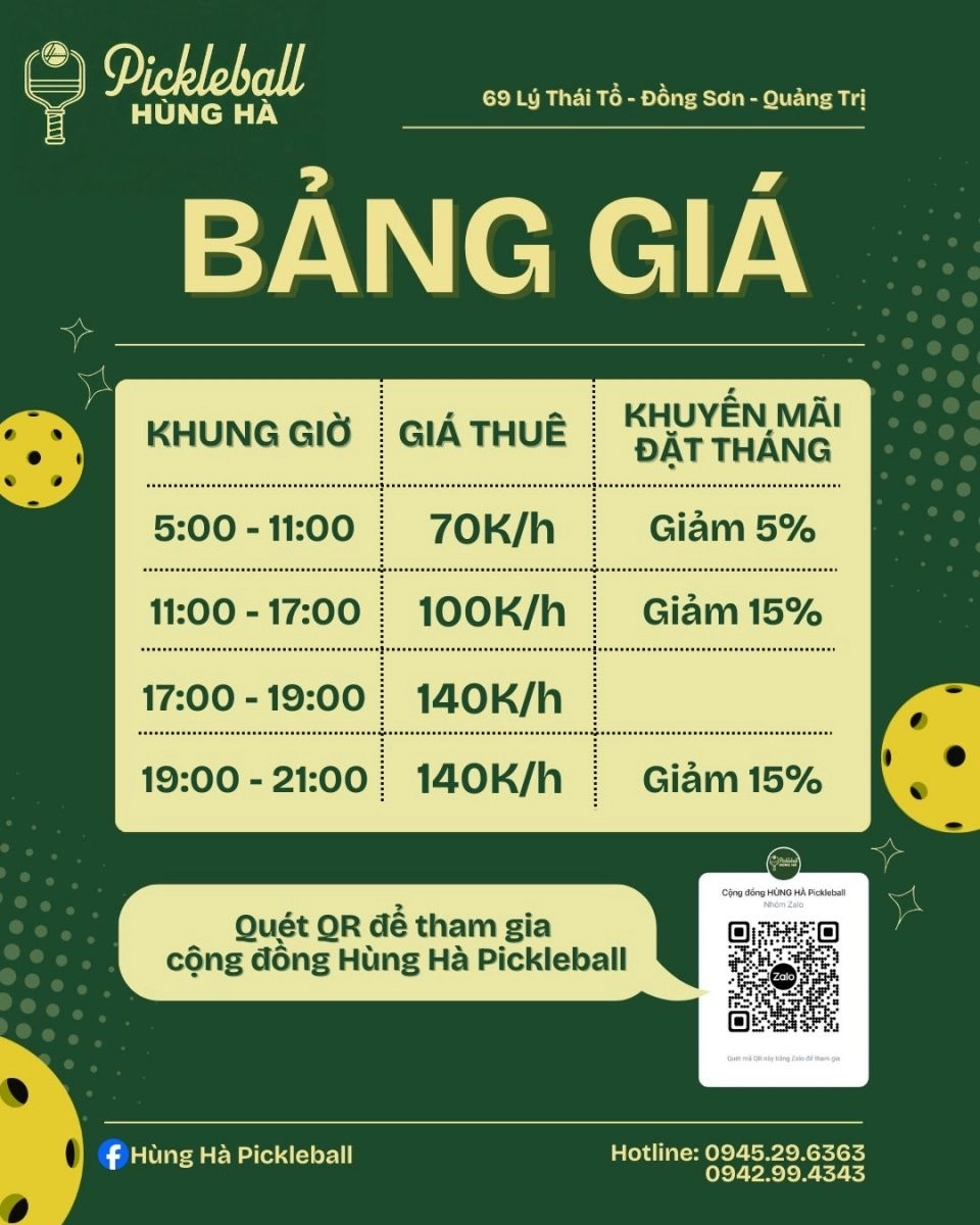 Bảng giá thuê sân Hùng Hà pickleball