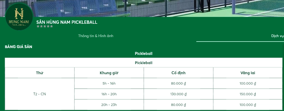 Giá thuê sân Hùng Nam Pickleball