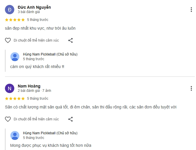 Đánh giá của người chơi tại sân Hùng Nam Pickleball