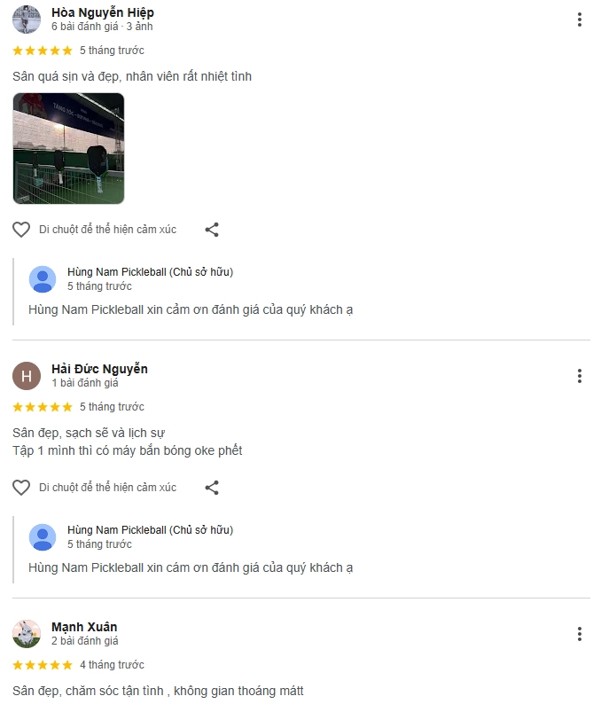 Đánh giá của người chơi tại sân Hùng Nam Pickleball
