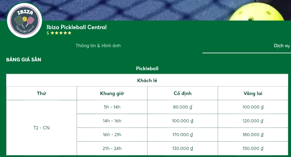 Giá thuê sân Ibiza Pickleball