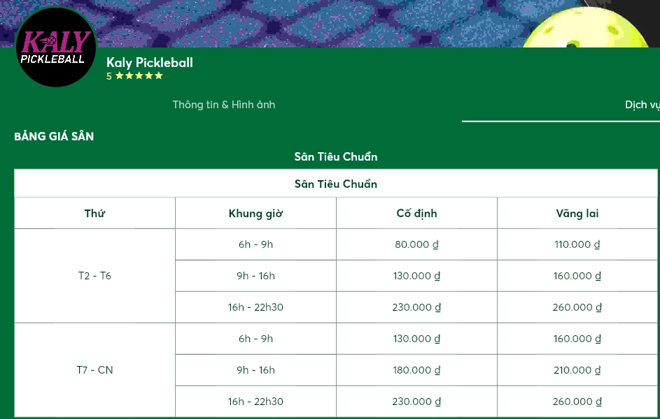 Giá thuê sân tiêu chuẩn Kaly Pickleball