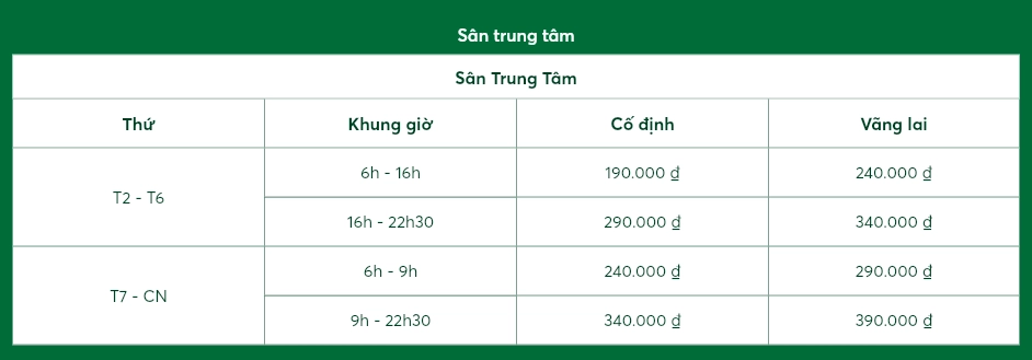 Giá thuê sân trung tâm Kaly Pickleball
