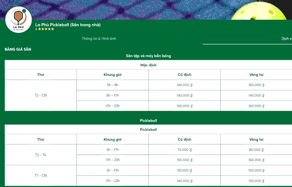 Giá thuê sân La Phù Pickleball