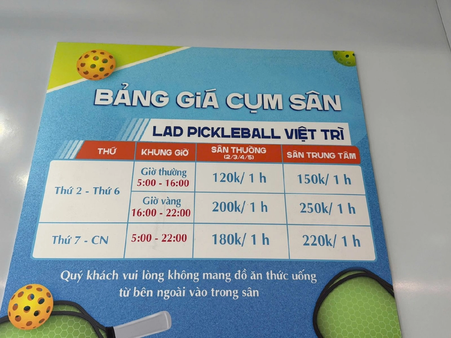Bảng giá thuê sân Lad Pickleball Việt Trì Phú Thọ