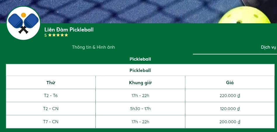Giá thuê sân Pickleball Liên Đàm Pickleball
