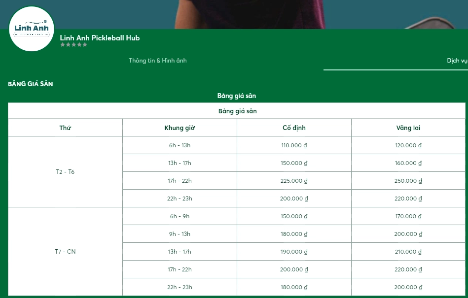 Giá thuê sân Linh Anh Pickleball