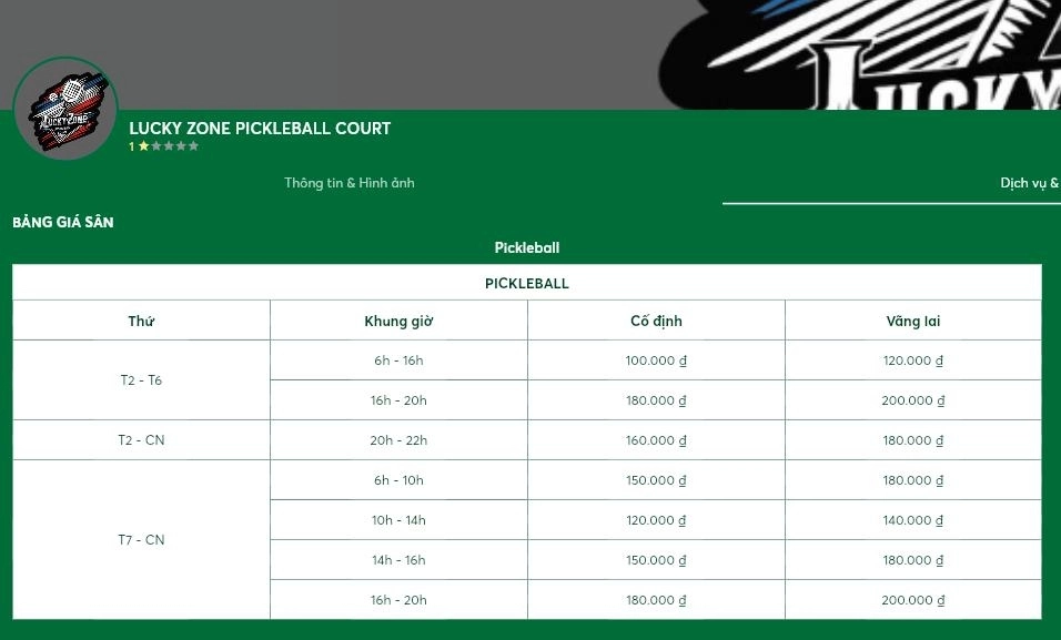 Bảng giá thuê sân LuckyZone Pickleball