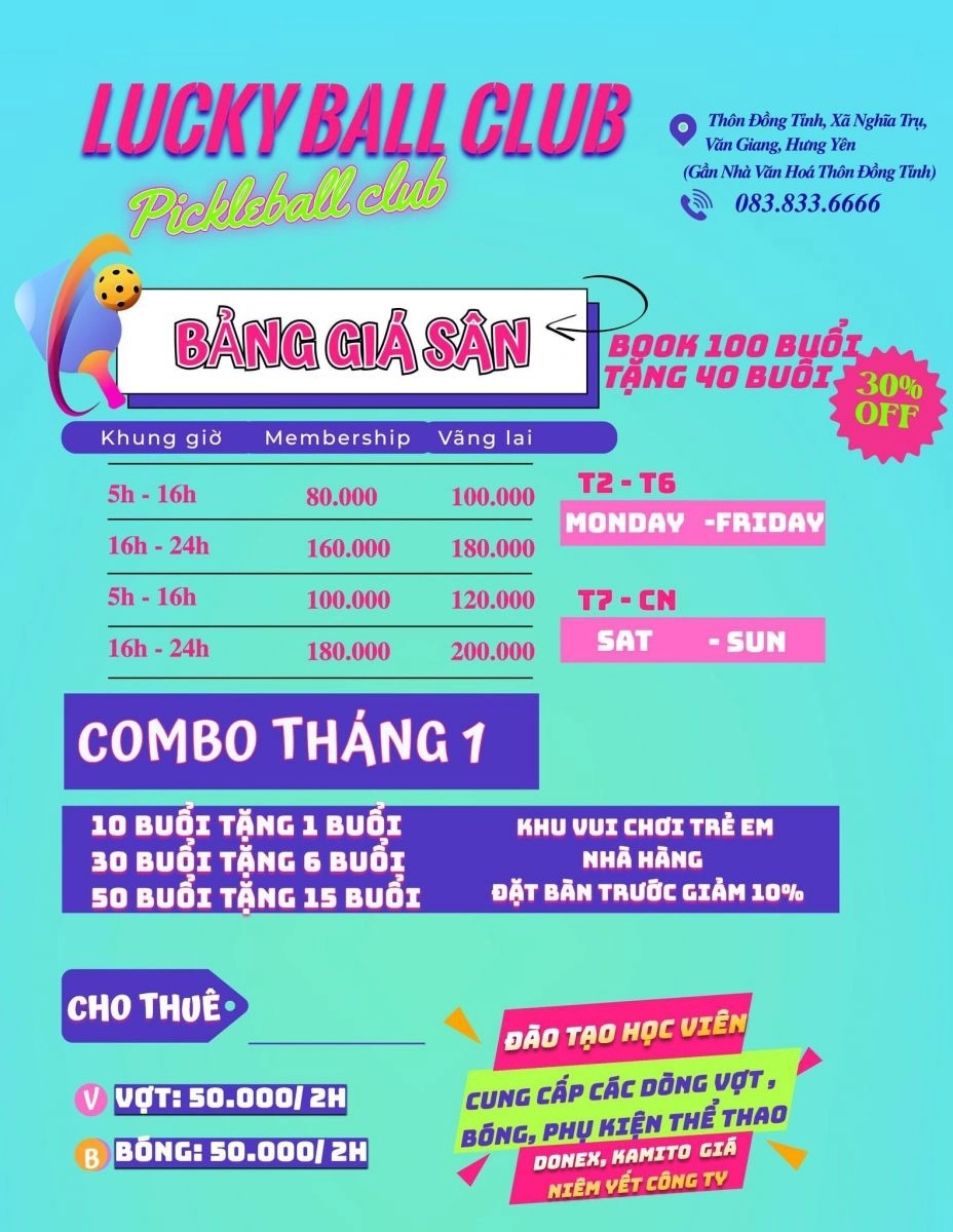 Giá thuê sân Luckyball Pickleball Club Hưng Yên
