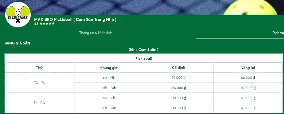 Giá thuê sân Max Bro Pickleball