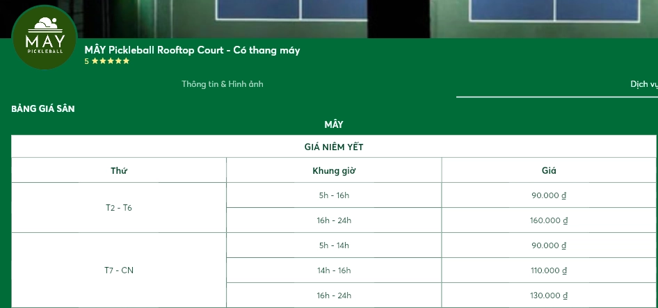 Giá thuê sân Mây Pickleball