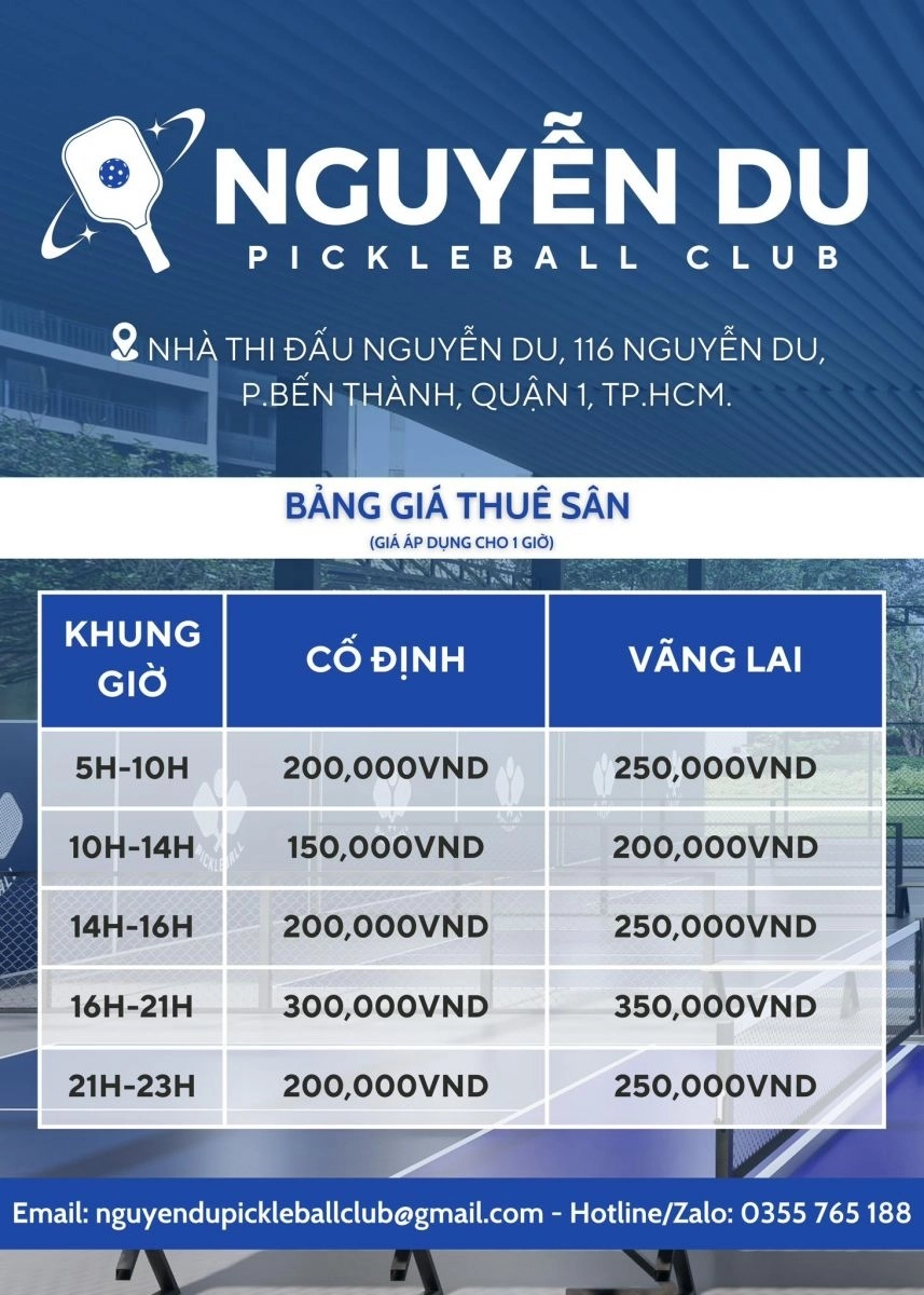Giá thuê sân Nguyễn Du Pickleball Club Hồ Chí Minh
