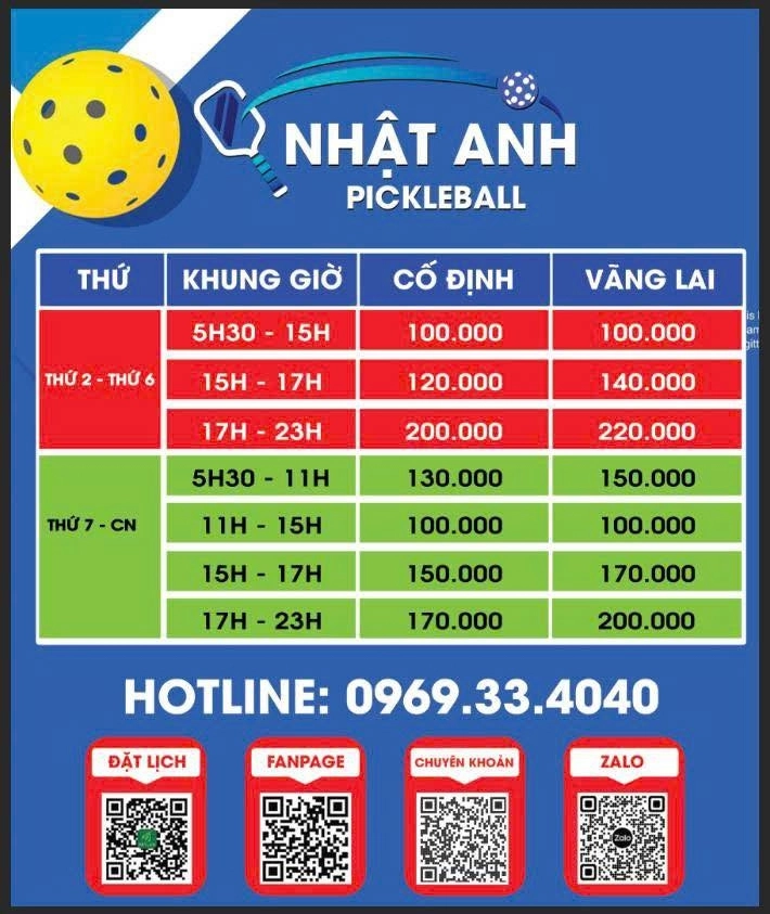 Giá thuê sân Nhật Anh Pickleball