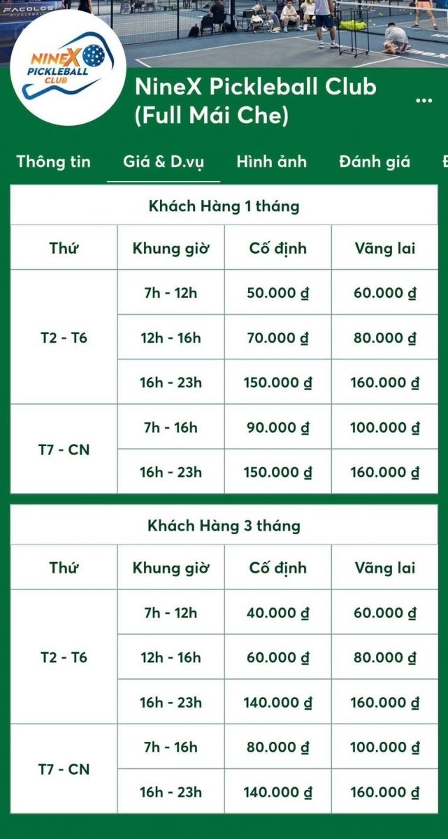 Bảng giá thuê sân NineX Pickelball