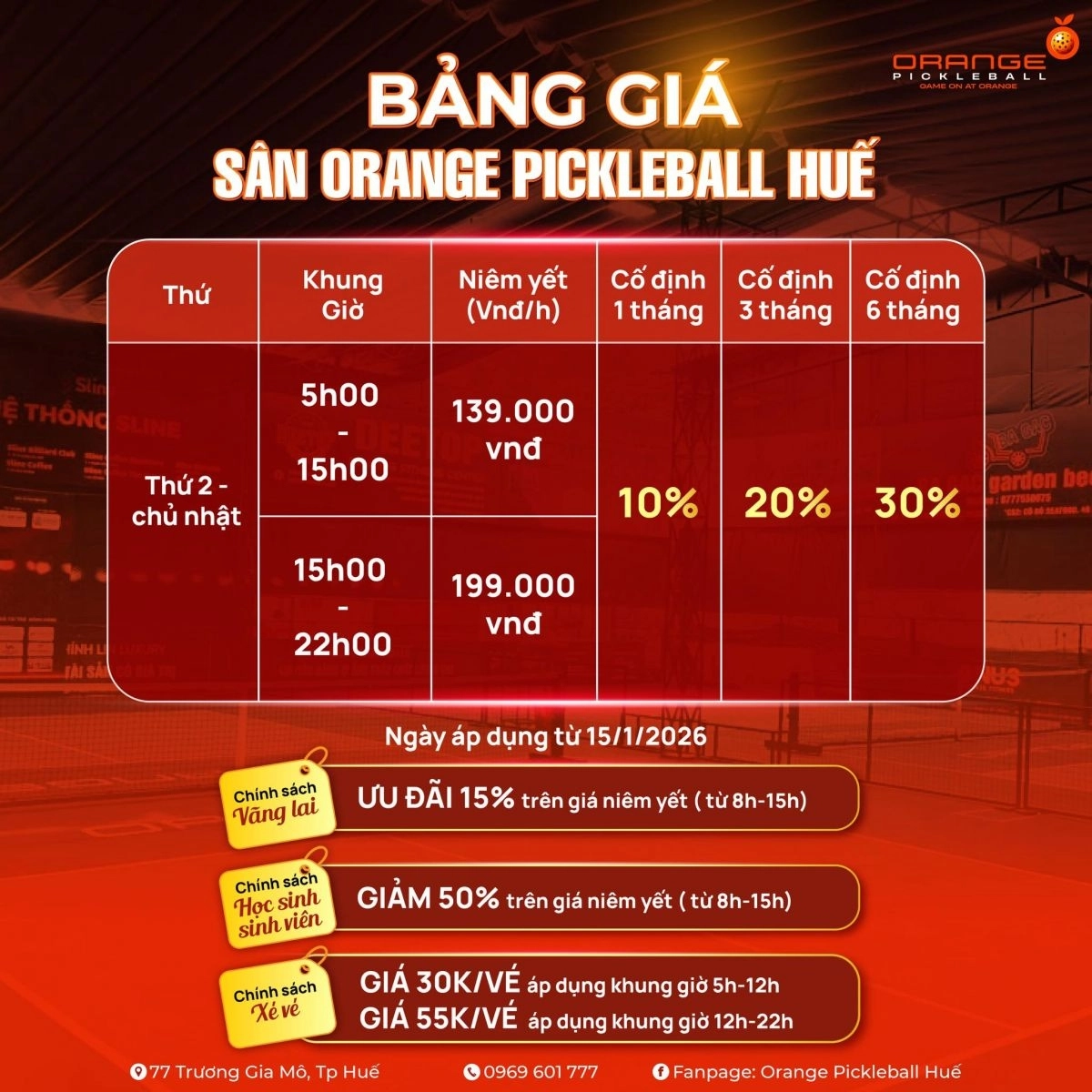 Giá thuê sân Orange Pickleball Huế