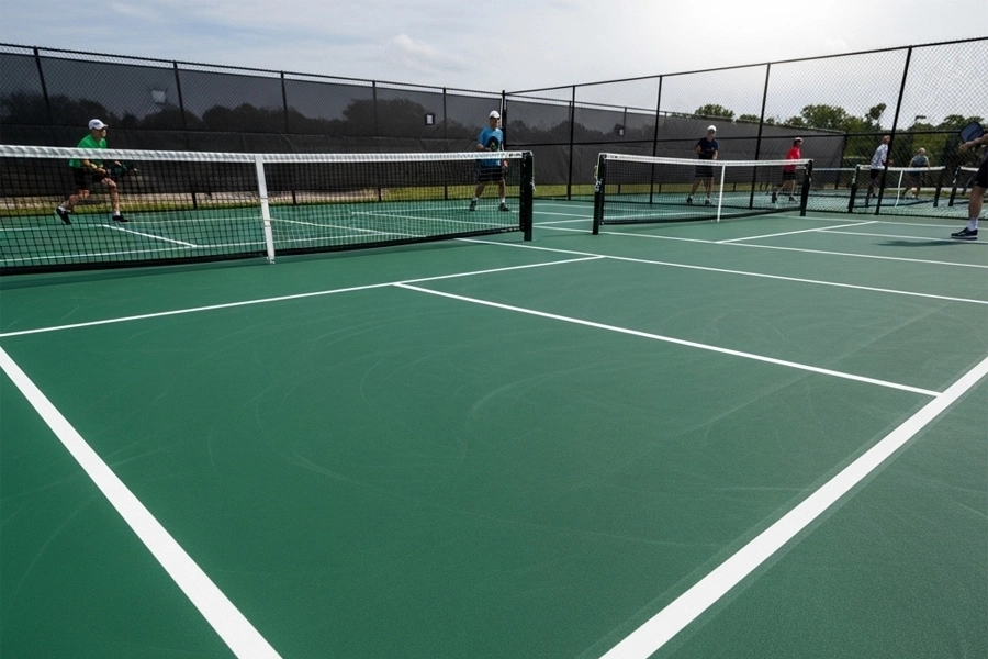 Sân pickleball có vùng sân chính màu xanh lá đậm