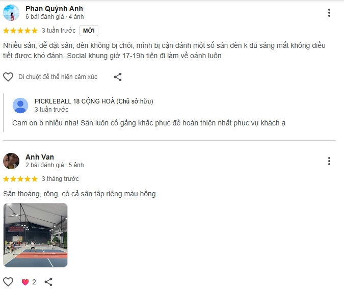 Đánh giá của người chơi tại sân Pickleball 18 Cộng Hoà