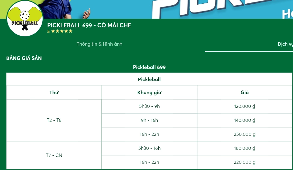 Giá thuê sân Pickleball 699 Vũ Tông Phan