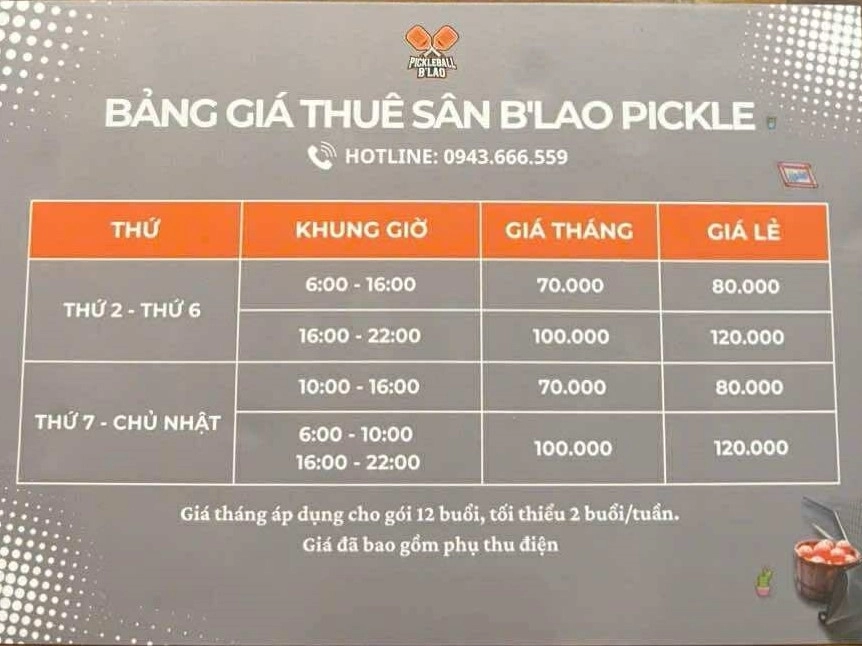 Giá thuê sân Pickleball B'lao