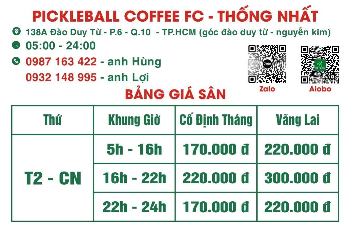 Giá thuê sân Pickleball & Coffee FC - Thống Nhất Hồ Chí Minh